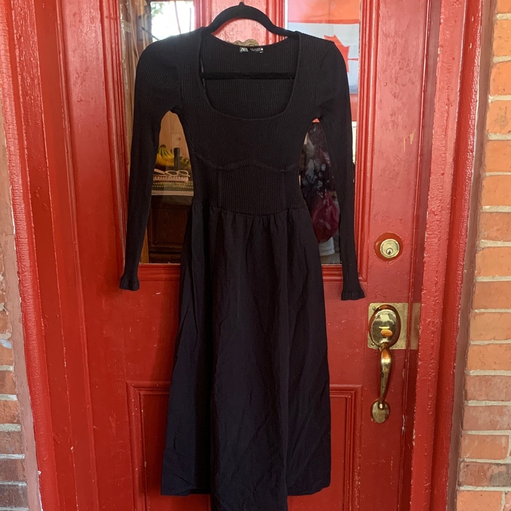 Zara Black Long Sleeve Dress with Square Neckline